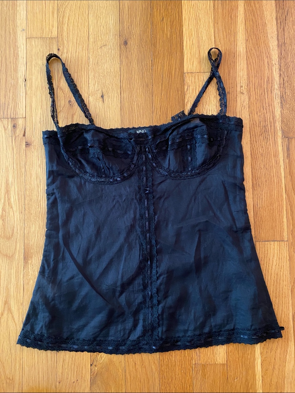 MANGO Black Lace Trim Cotton Bustier Corsey Top Women's Y2K Size-Small